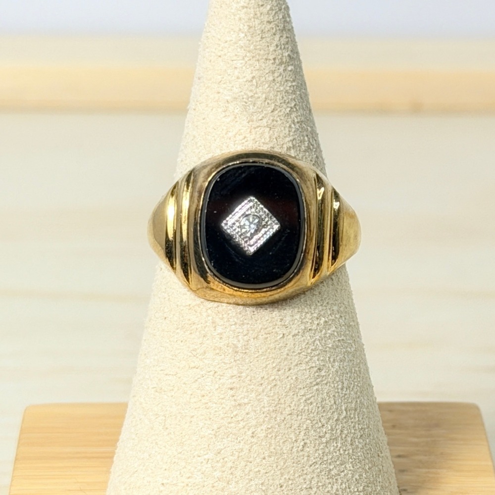 Vintage Classic Karatclad Black Onyx Diamond Signet Ring Heavy Gold EP Size 8